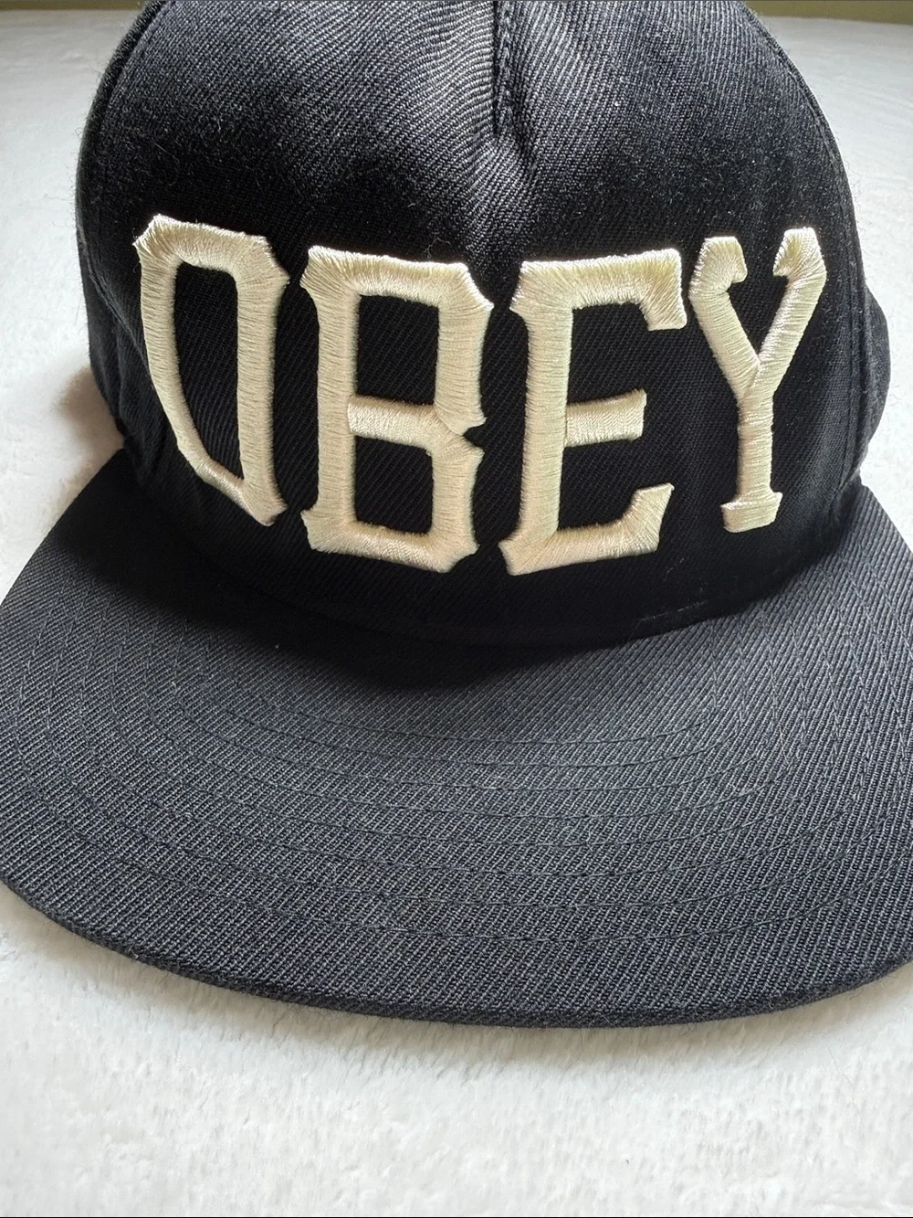 Obey Black Cap with Cream Embroidered Raised Letters